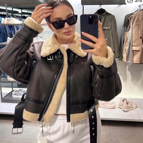 ZARA Cropped Shearling Jacket with Belt - Picture 4 of 12